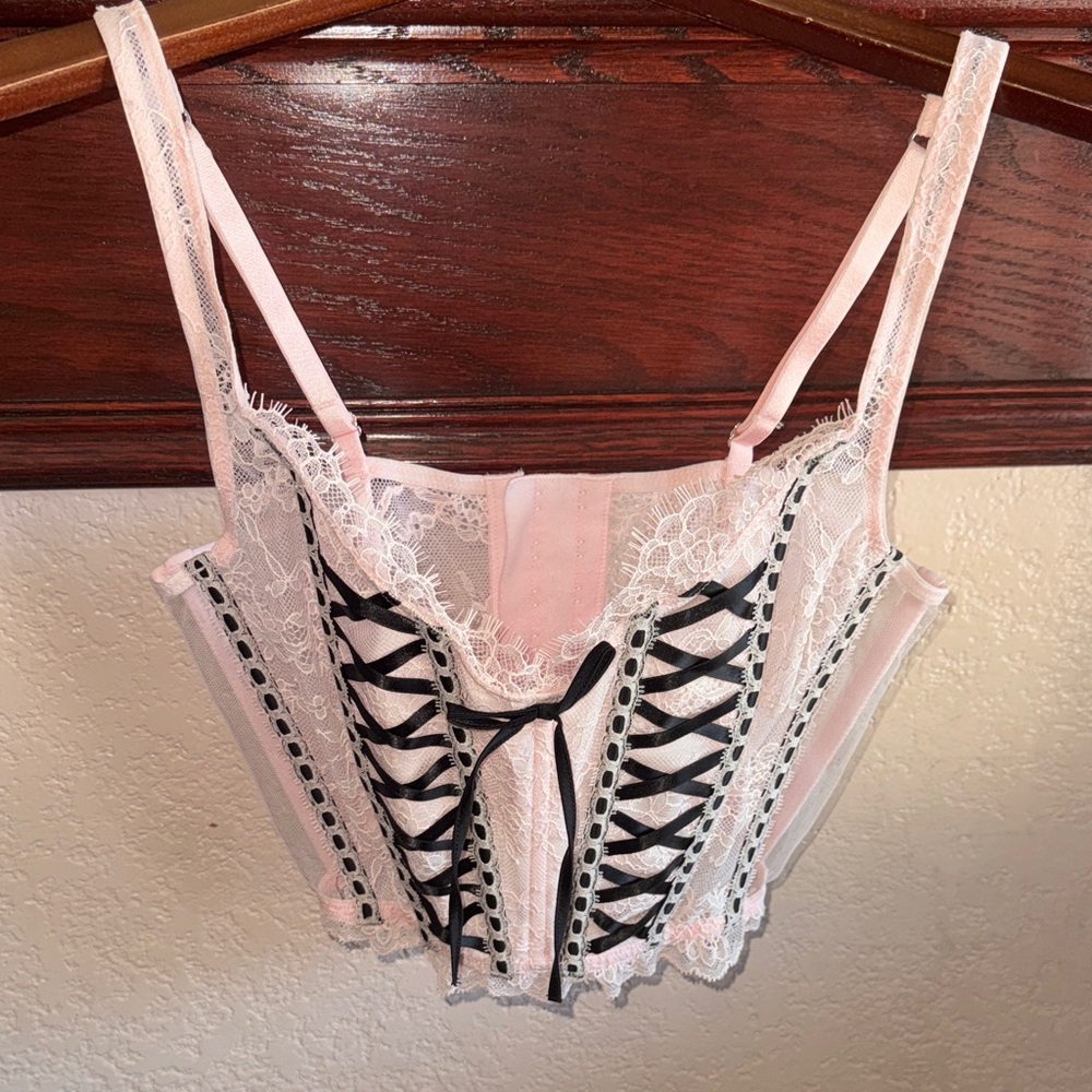 Victoria's Secret Women’s Size Small Pink and Black Lace-Up Corset Lingerie Top